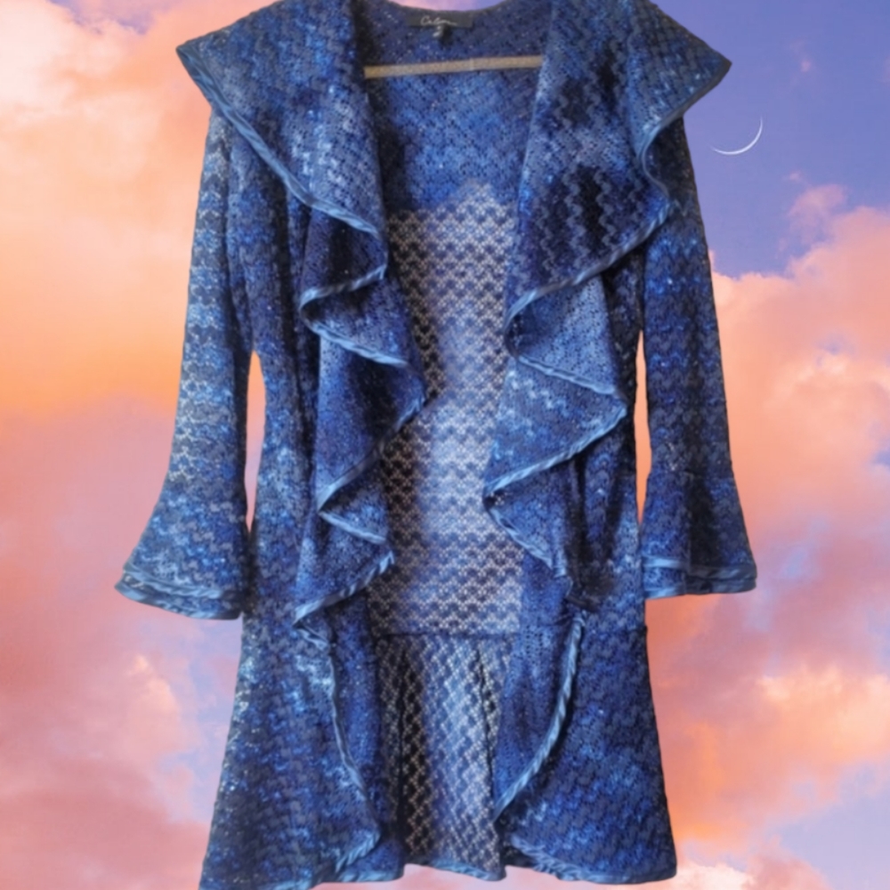 ✨️NWT 90's Lace Bell Sleeve Indigo Dream Y2K blue Knit Sequin Jacket✨️